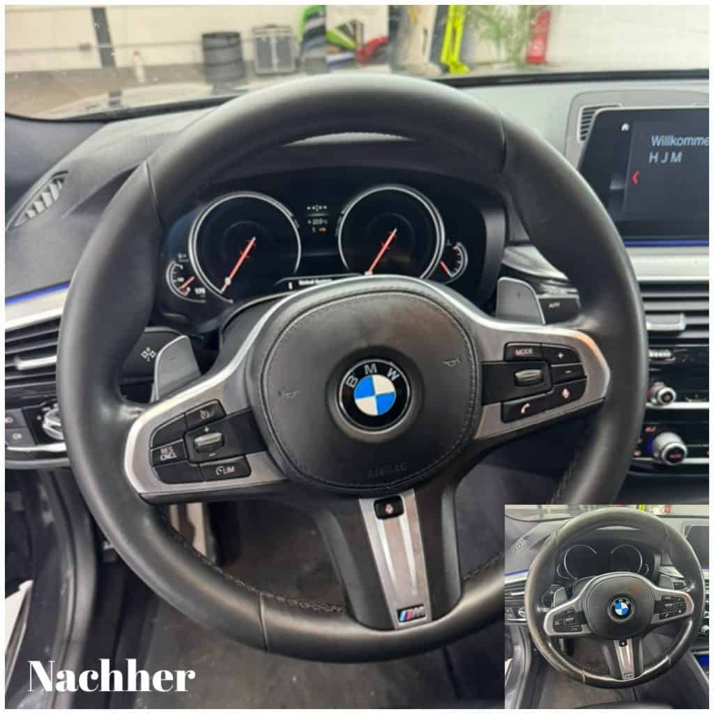 Lederreinigung und Lackierung BMW Lenkrad Erleben Sie hochwertige Fahrzeugaufbereitung in Jüchen.